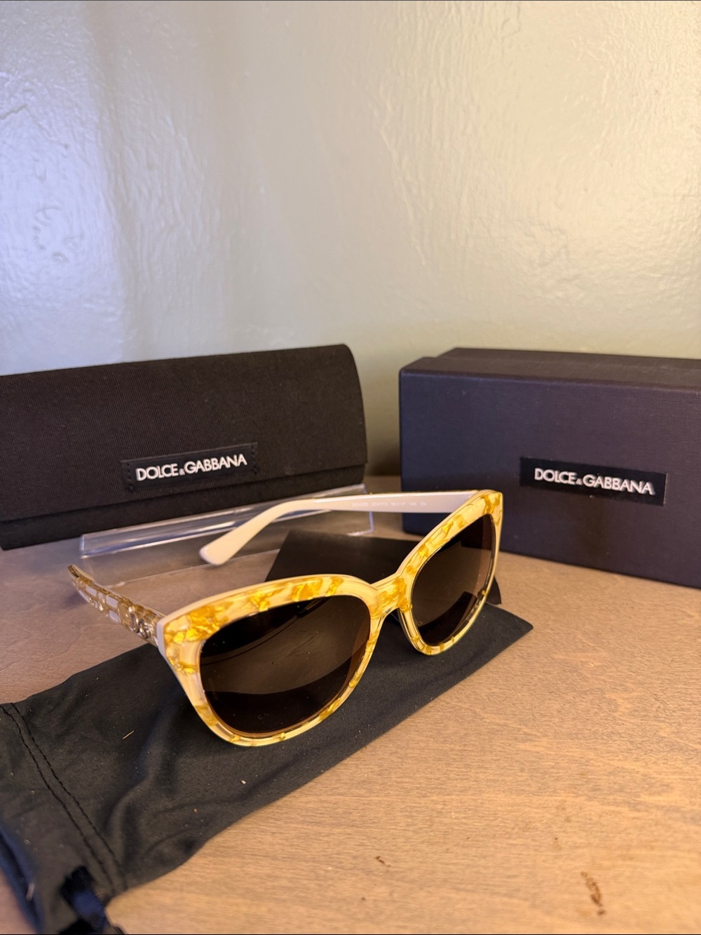 Dolce & Gabbana Yellow Marble Cat-Eye Sunglasses with Dark Lenses